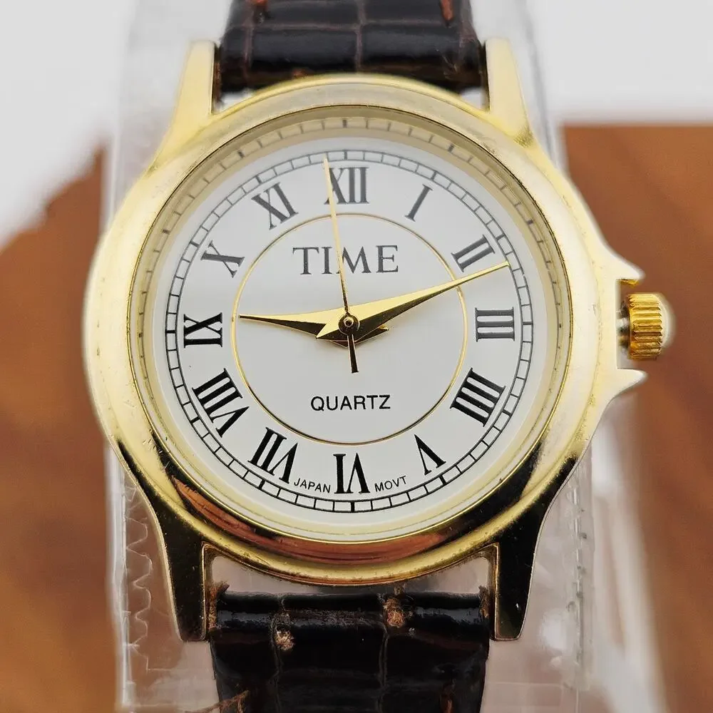 Time Women's Gold Tone Round Roman Numeral Dial Watch Brown Leather Band Simple